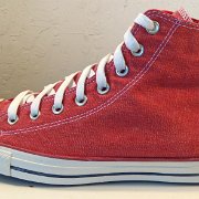 2017 Red Stonewashed High Top Chucks  Outside view of a left 2017 red stonewashed canvas high top.
